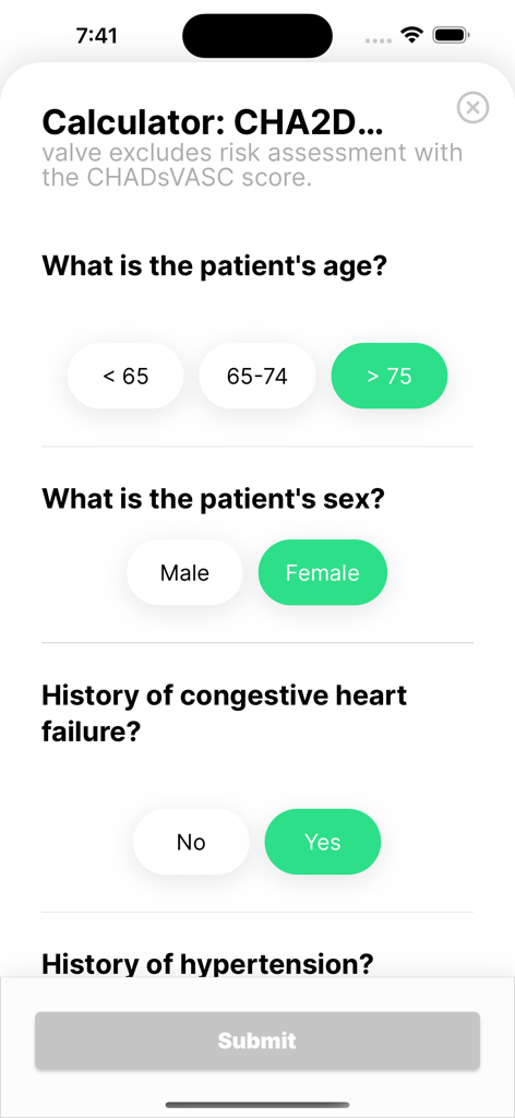 AvoMD - Interactive CHADS-VASC clinical calculator on the AvoMD medical app for patient risk assessment