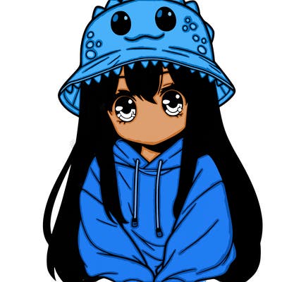 girl with anime shaped eyes with a dinosaur bucket hat oversized sweatshirt long straight hair