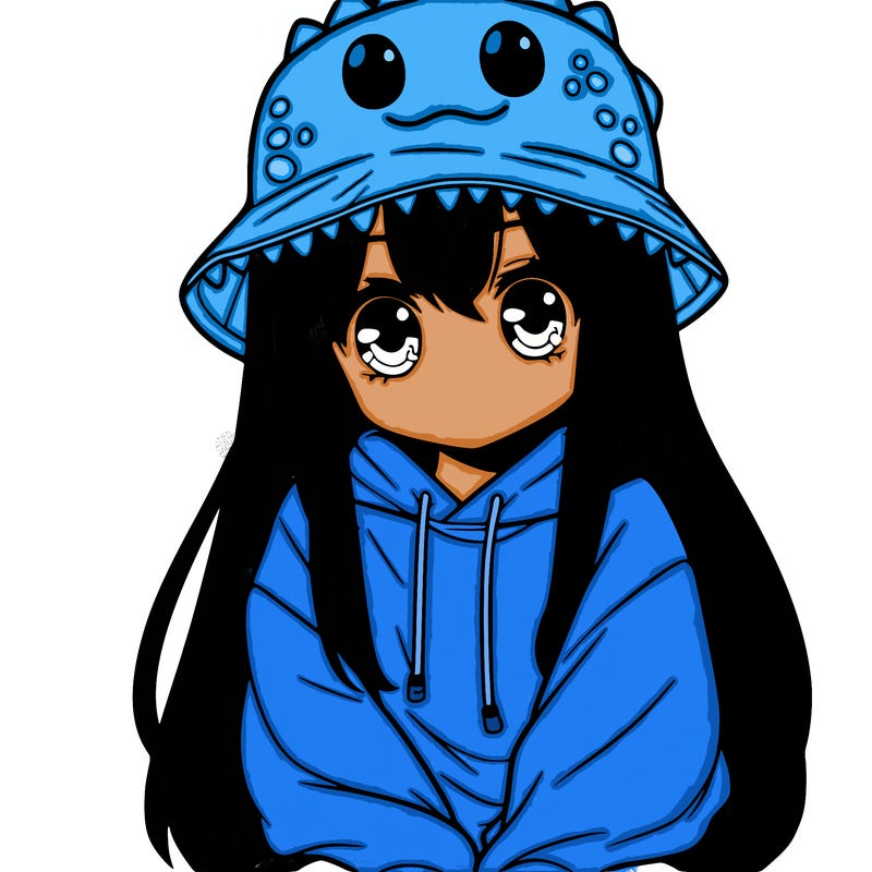 girl with anime shaped eyes with a dinosaur bucket hat oversized sweatshirt long straight hair