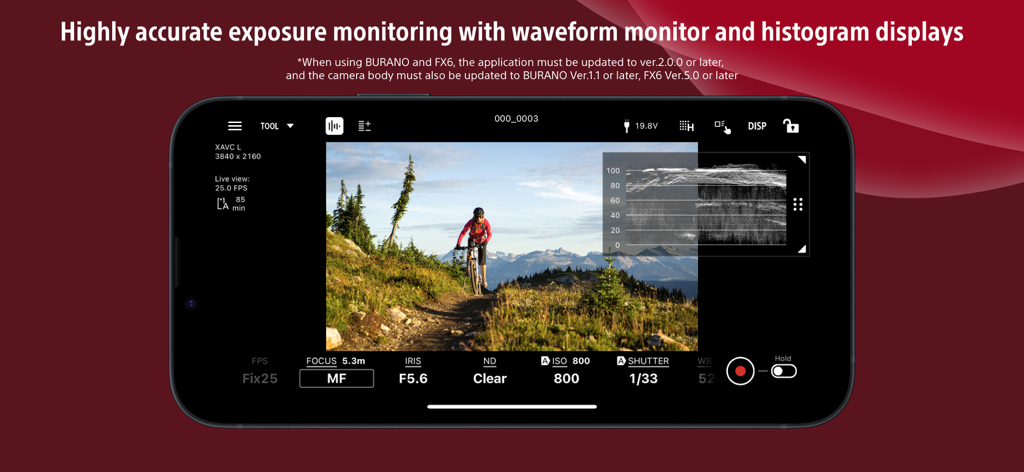 Interfaccia dello smartphone dell'app Sony Monitor and Control con display waveform per il monitoraggio dell'esposizione