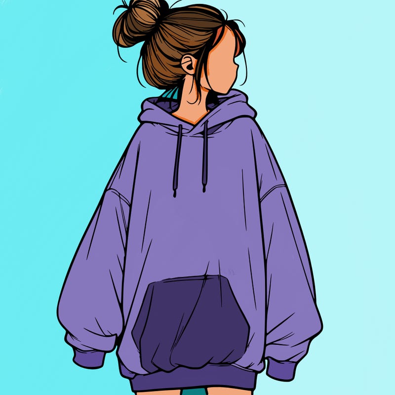 realistic girl with a oversized sweatshirt on and a bun