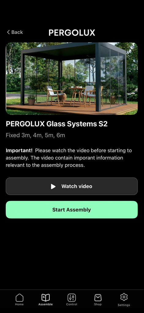 Pergolux - Pergolux app screen showing assembly instructions for the Glass Systems S2 pergola with start assembly and watch video buttons