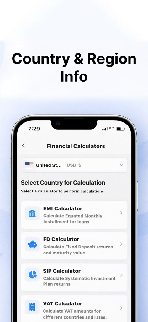 NFC Reader & Card Wallet - Interfaccia di un'app mobile che mostra calcolatori finanziari per EMI FD SIP e IVA con impostazioni della regione USA