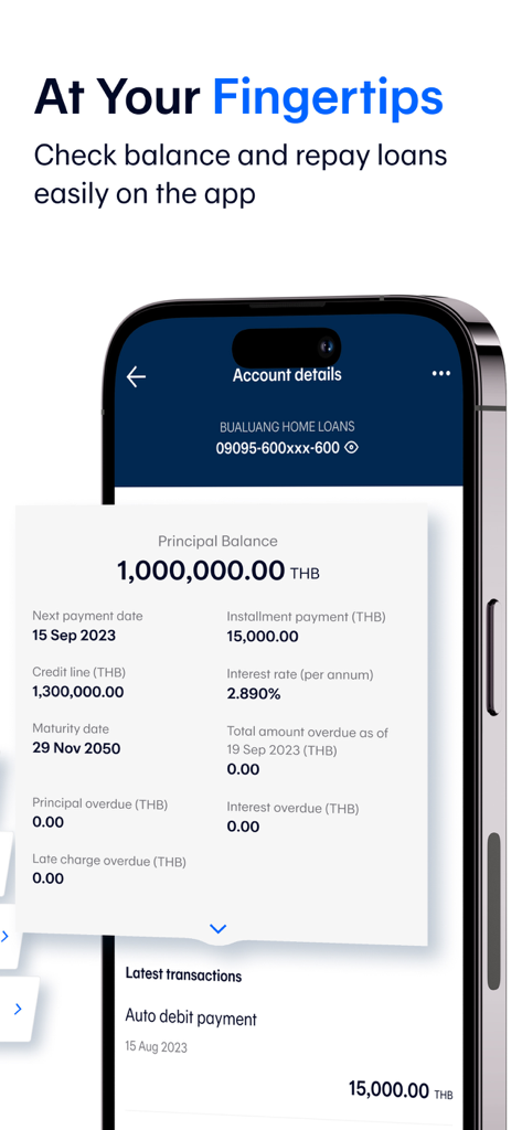 Oberfläche der Bangkok Bank Mobile Banking App, die Details zum Bualuang-Hypothekenkonto anzeigt, einschließlich Hauptschuldbetrag und Ratenzahlungen