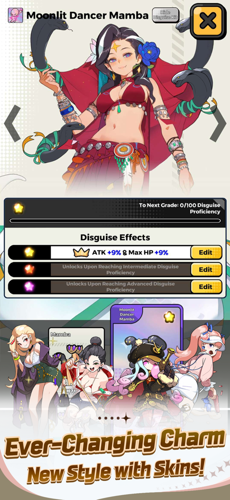 HungryAliens - Screenshot of Moonlit Dancer Mamba character skin showing disguise effects and stat boosts in HungryAliens