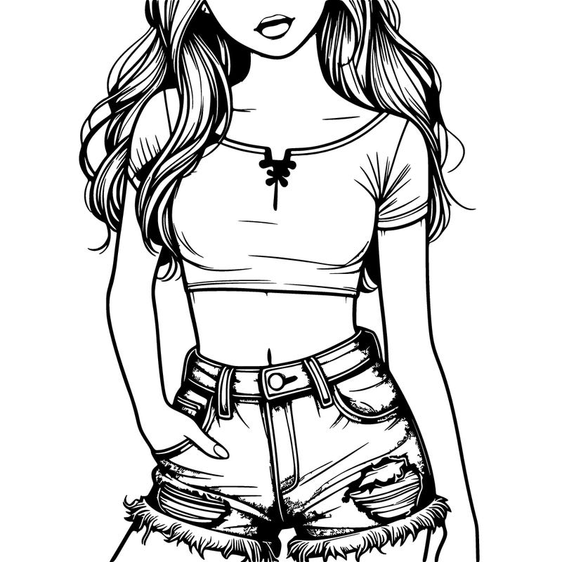 realistic girl with a crop top and ripped jean shorts
