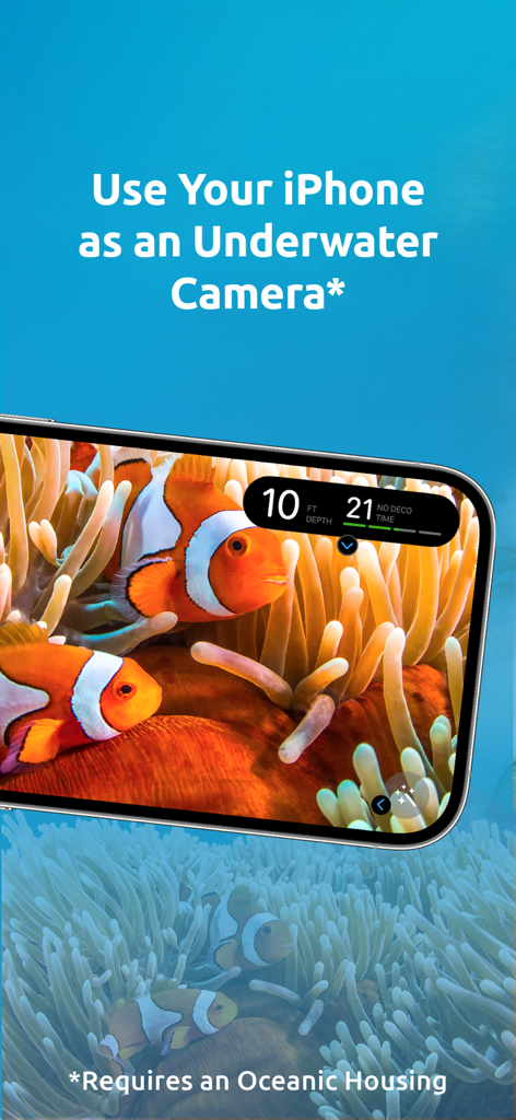 iPhone画面に、ダイビング深度と時間が表示される水中カメラとしてOceanic plusアプリのインターフェースが表示されている