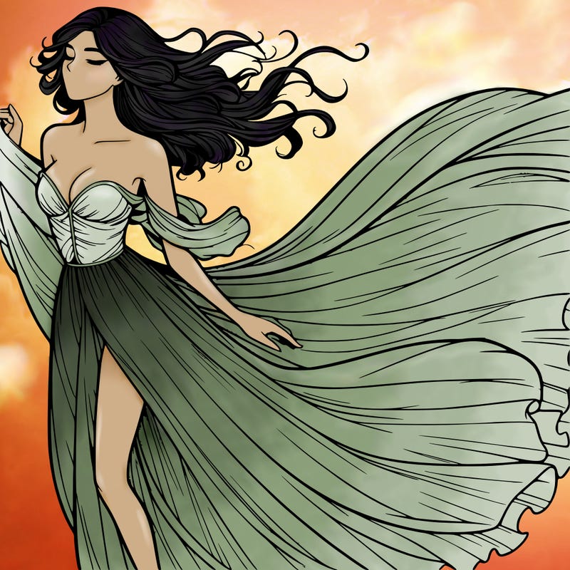 realistic woman in dress flowing the the wind