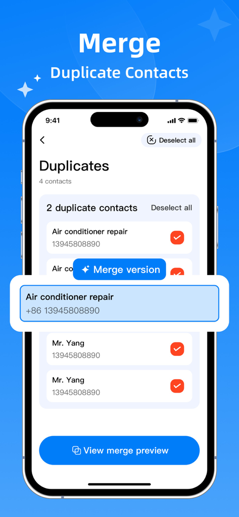 Interface de l'application Deep Cleaner montrant comment fusionner les contacts téléphoniques en double sur un iPhone