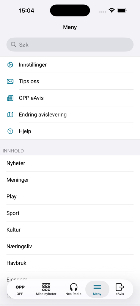 OPP Nyheter - Menu de navegação principal do aplicativo OPP Nyheter mostrando categorias como notícias, esportes e cultura