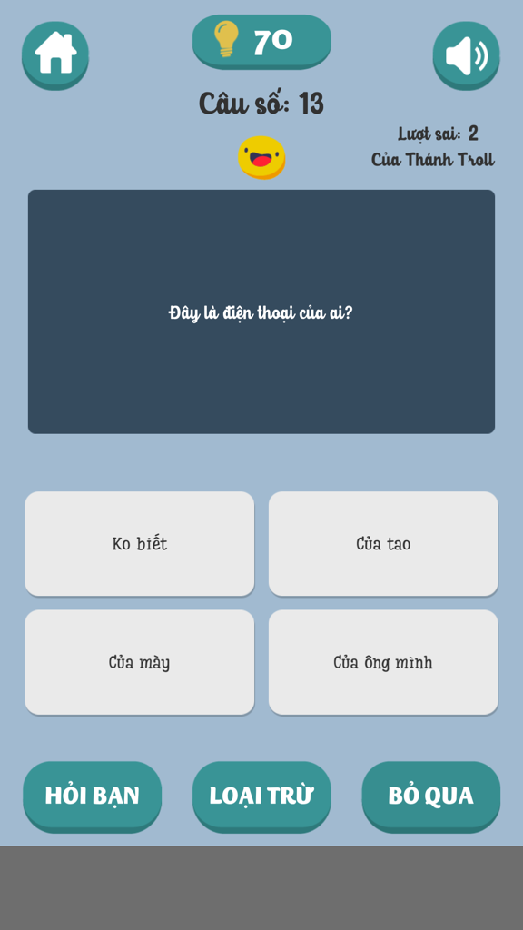 A gameplay screenshot of the Vietnamese puzzle game Do Vui Hai Nao with a multiple-choice riddle.
