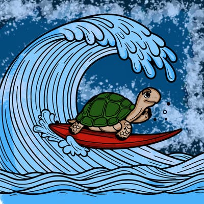 a tortoise surfing on a giant wave