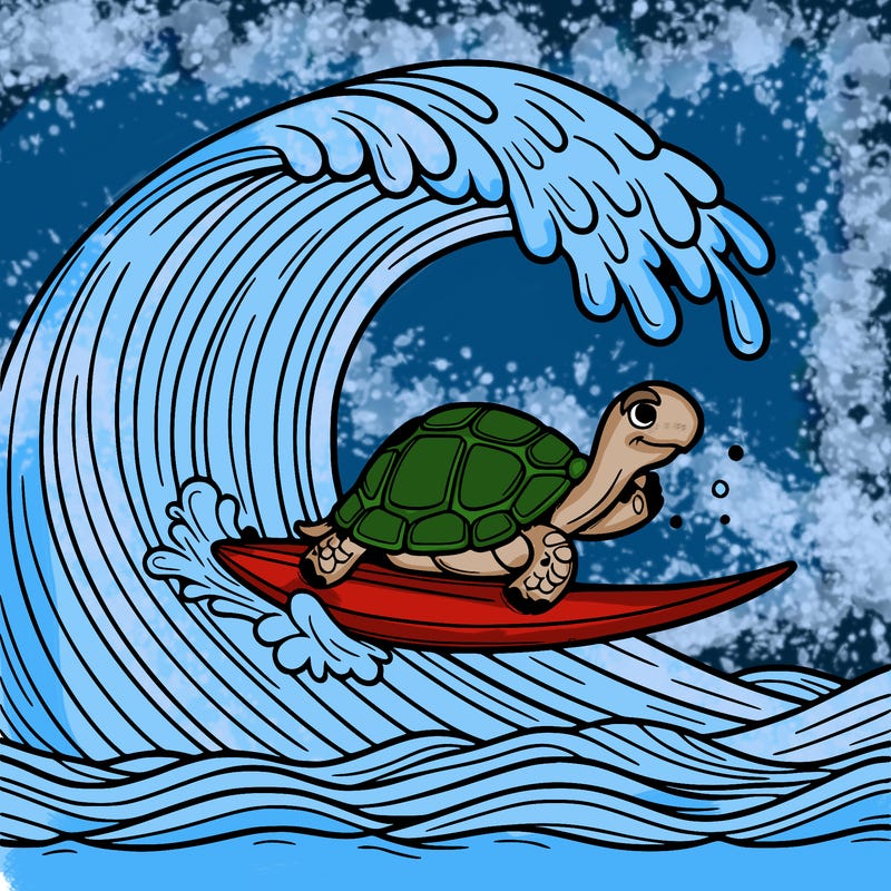 a tortoise surfing on a giant wave