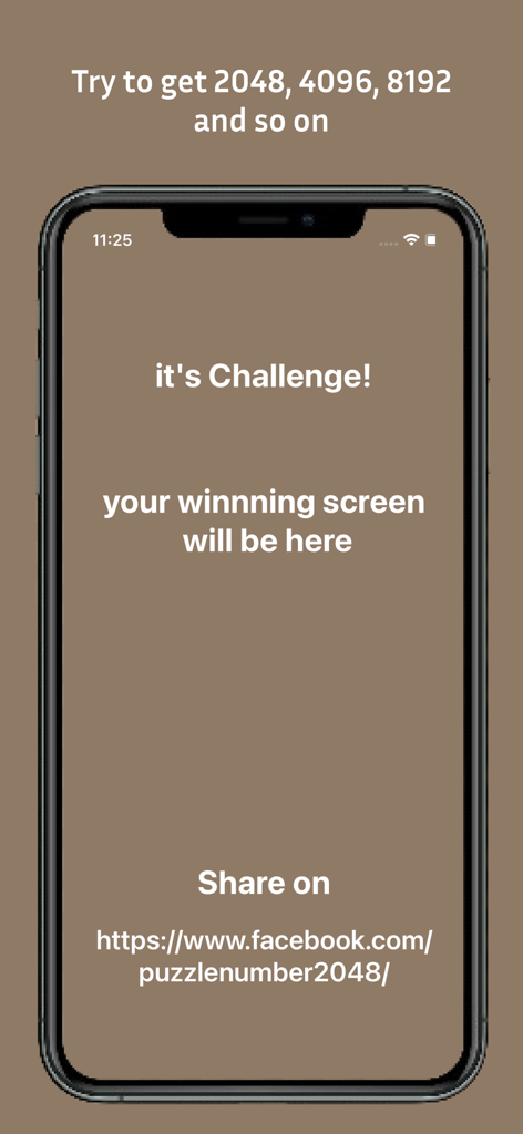 Instruction screen for 2048 puzzle game showing challenge goals and Facebook community link