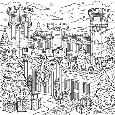 Embark on a unique holiday coloring journey with this detailed page featuring a fortified island transformed for Christmas. Adorn towering walls and snowy landscapes with your most vibrant festive hues.