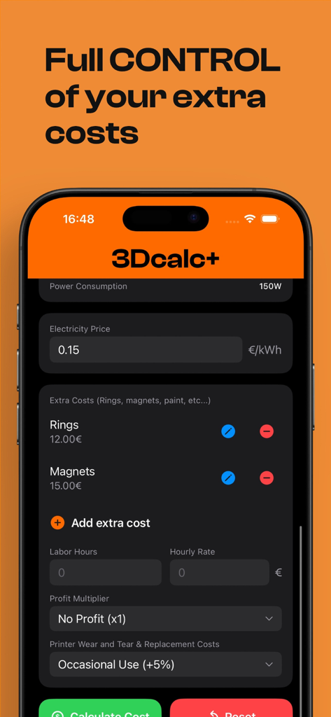 3D 프린팅 프로젝트에 대한 추가 비용, 노동력 및 전기 설정을 보여주는 3Dcalc plus 앱 인터페이스