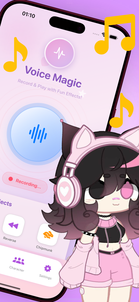 Gacha life Meme audio - Una interfaz de aplicación móvil titulada Magia de Voz mostrando una pantalla de grabación con un personaje de Gacha y efectos de audio como Invertir y Ardilla.