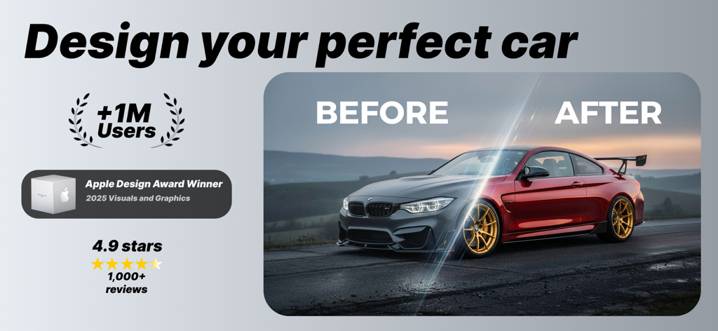 Tunex: AI Car Design & Tuning - Tunex AI car design app promotional banner showing a before and after car transformation with gold rims and body kit