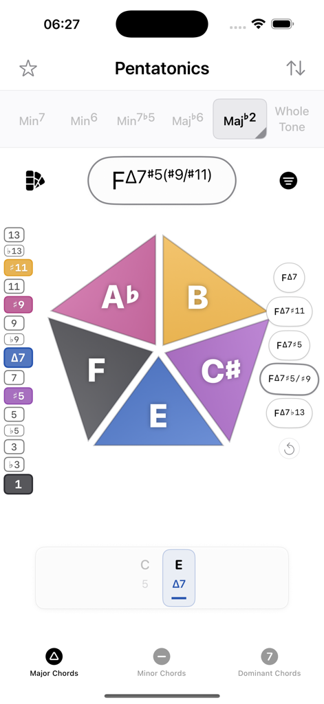 Pentatonics - Take Five - The Pentatonics app interface showing a pentagon-shaped scale visualizer for jazz music theory.