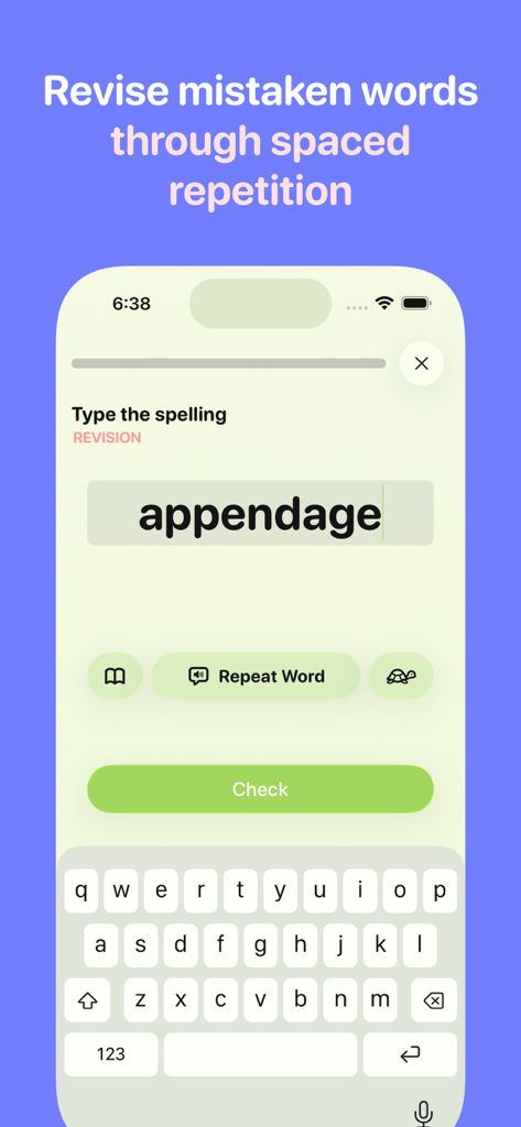 Spelling Bee Beezy app interface showing a word revision screen using spaced repetition