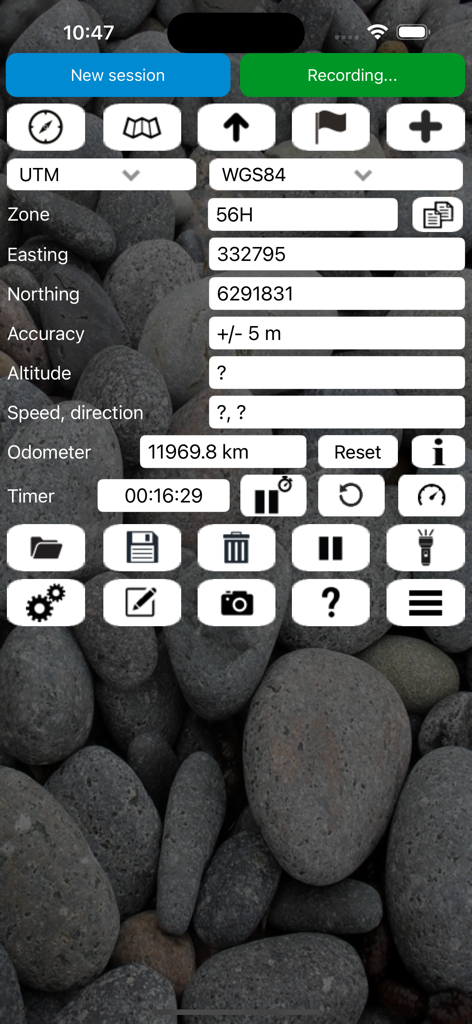 Interfaz de la aplicación Handy GPS mostrando coordenadas UTM y datos de navegación técnicos