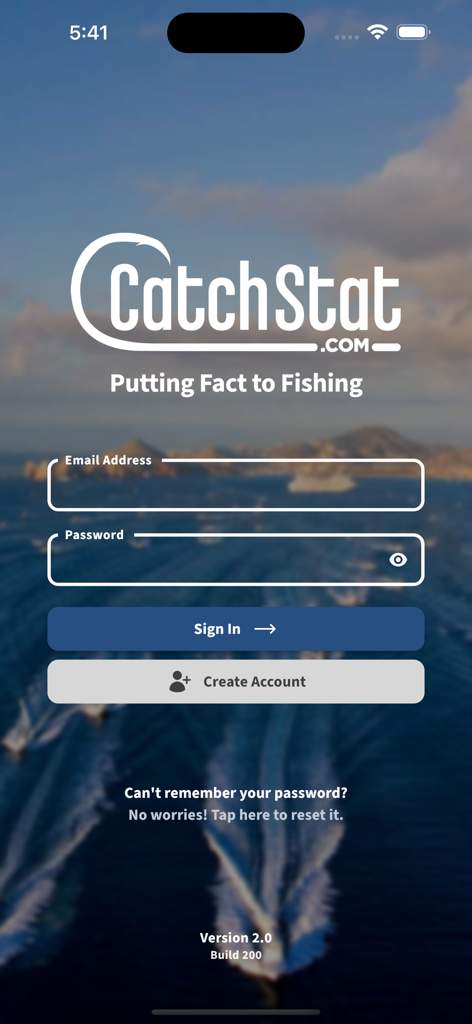 CatchStat - Login screen of the CatchStat fishing tournament app