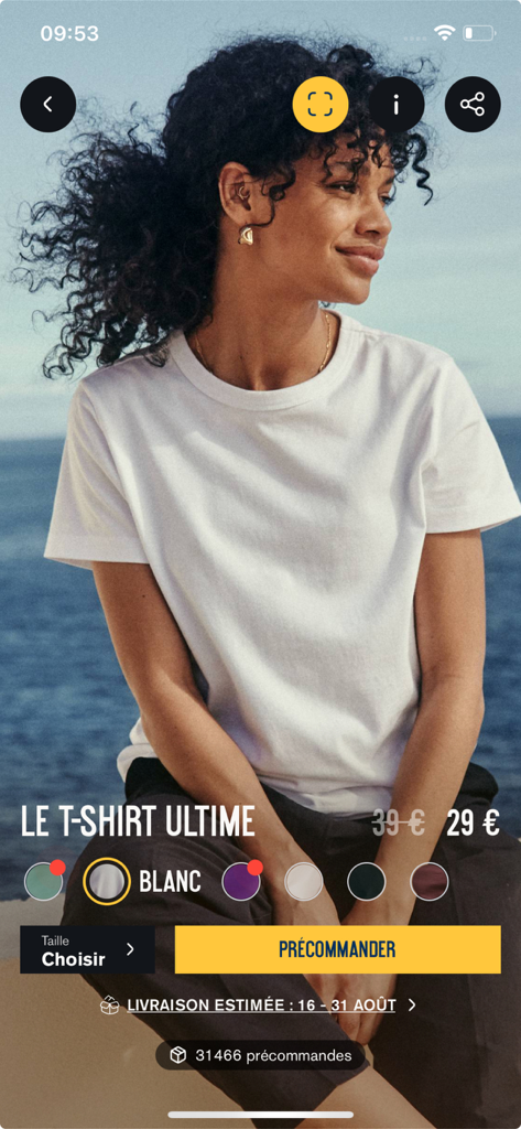 Asphalte - アスファルトブランドの事前注文ボタンが付いた、白いTシャツを着た女性が表示されたモバイルアプリ画面。