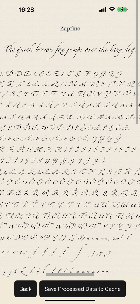 Font Visualizer Pro - Mapa completo de glifos e inspección de caracteres para la fuente Zapfino