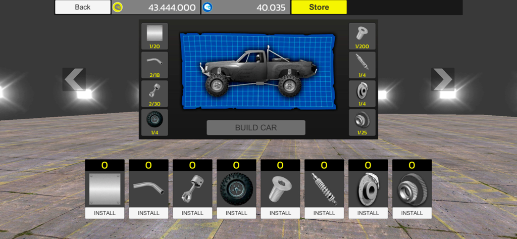 Interface de construção de carros do Top Offroad 4x4 Simulator com peças mecânicas e diagrama de caminhão