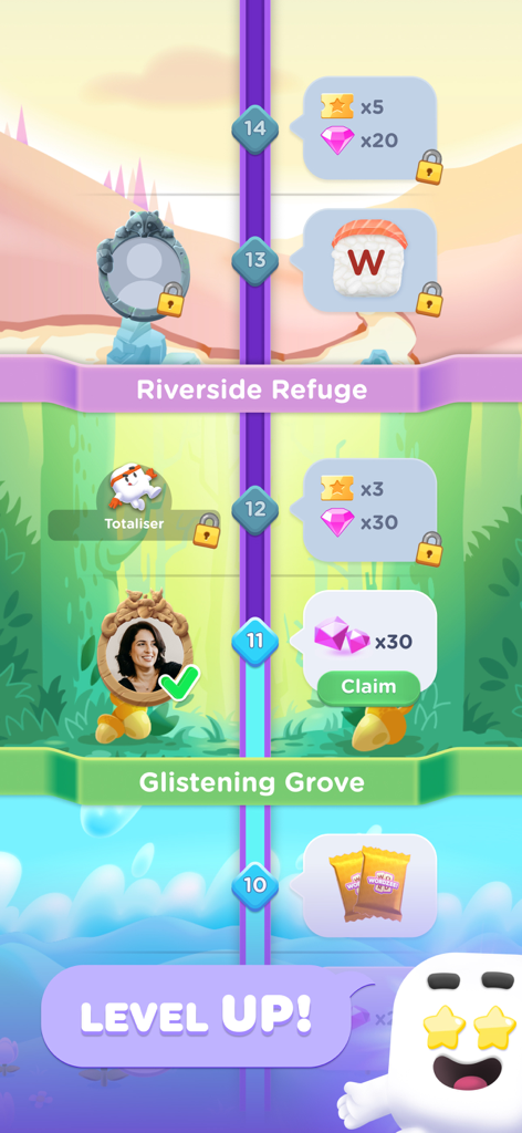 Wordzee! - Puzzle Word Game - Wordzeeゲームの進行状況画面。レベルパスの報酬とレベルアップ通知が表示されています。