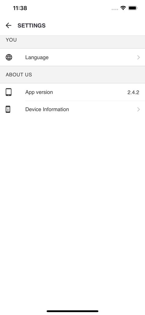 Yakoyo Abula Joint - The settings screen of the Yakoyo Abula Joint mobile app showing language options and app version information.