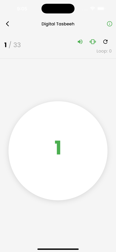 A digital tasbeeh counter interface within the Thafheem ul Quran mobile app showing a count of one.