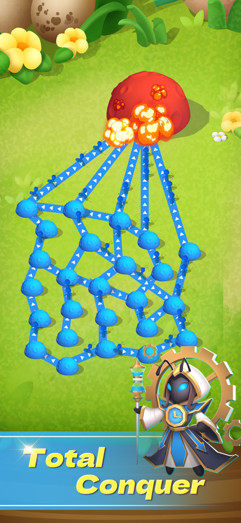 Gameplay of blue ant troops attacking and conquering a red nest in Ant Fight