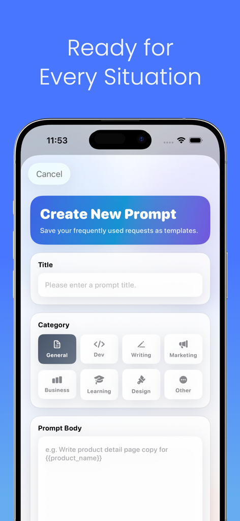Interface of the Prompt Snap app showing the create new prompt screen with title category and body fields