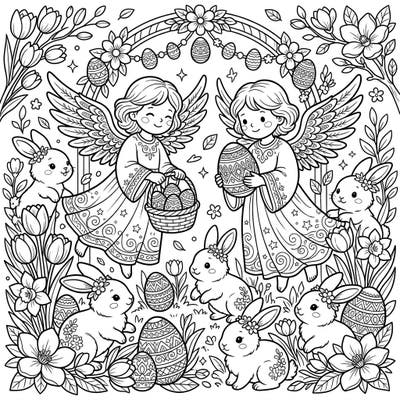 Immerse yourself in a heartwarming Easter scene where graceful Angels of Mercy share joy with adorable bunnies and a bounty of beautifully decorated eggs. This intricate coloring page invites you to celebrate the spirit of spring and renewal with every stroke.