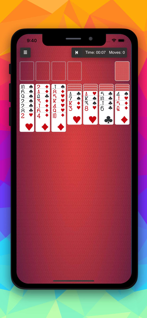 Pure Solitaire mobile game interface featuring classic card layout on a red background.