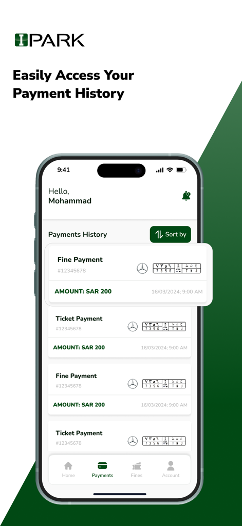 IPark App - IPark mobile app interface displaying the payment history screen with a list of parking ticket and fine transactions.