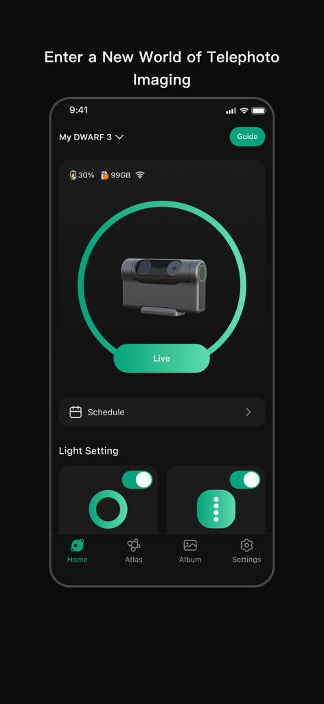 DWARFLAB - DWARFLABモバイルアプリのホームインターフェース。スマート望遠鏡のステータスとコントロール用です。
