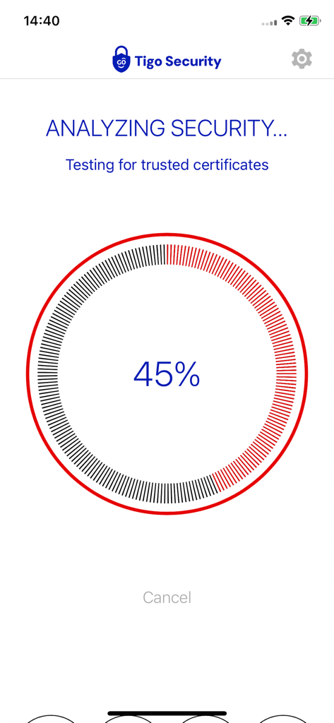 Tigo Security - Tigo Securityアプリのインターフェース。セキュリティ分析の進捗が45%であることを示しています。
