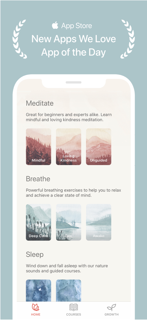Oak app home screen showing meditation and breathing exercise categories with a minimalist design.