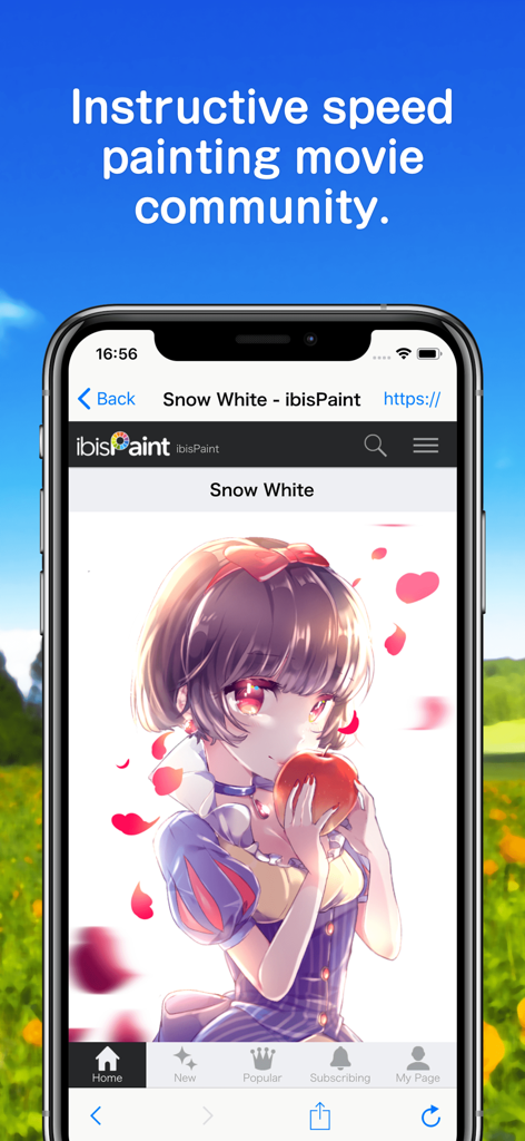 Smartphone affichant l'interface de la communauté de peinture rapide d'ibis Paint avec une illustration de style anime de Blanche-Neige