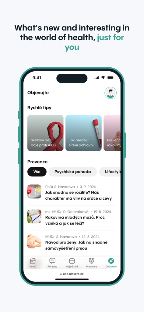uLékaře.cz - The uLekare mobile app discovery tab displaying various medical articles and health tips