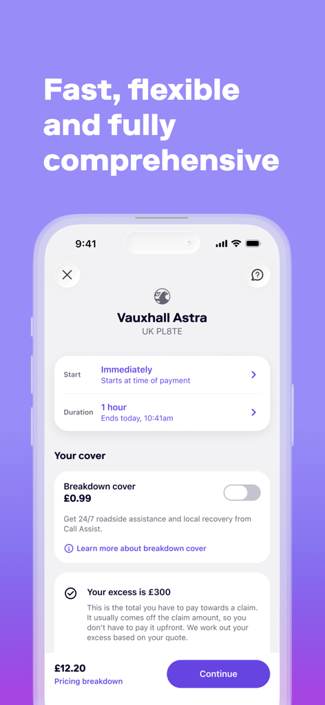 Cuvva - Ecrã de smartphone exibindo uma cotação de seguro automóvel temporário da Cuvva por uma hora num Vauxhall Astra.