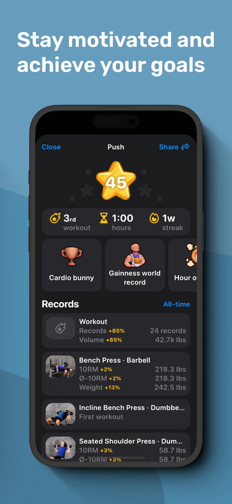 Gym Workout Alpha Progression - Panel de control de la aplicación Alpha Progression que muestra hitos de entrenamiento y récords personales para ejercicios de fuerza