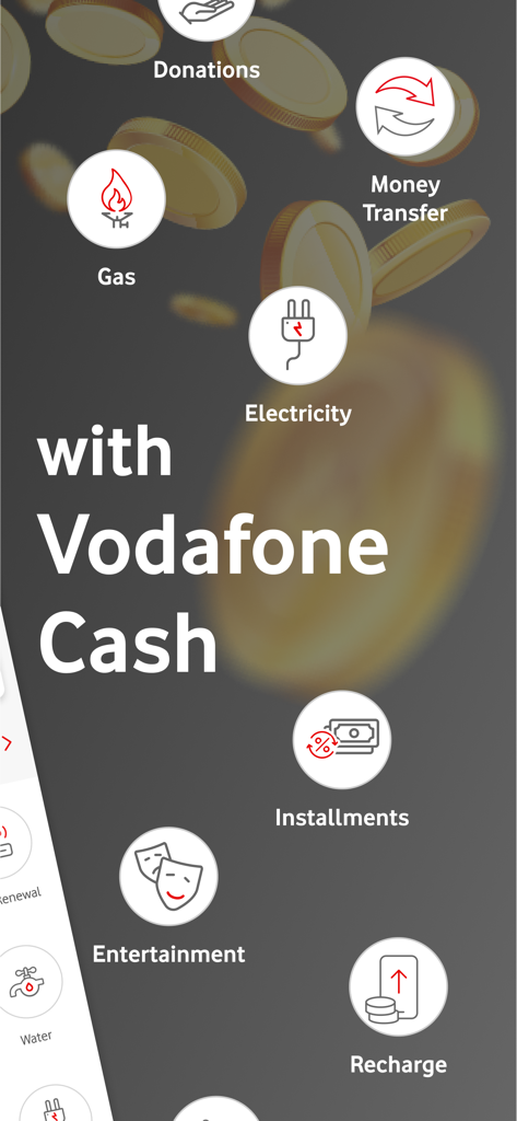 Ana Vodafone app screen showing Vodafone Cash services for bill payments money transfers and mobile recharge