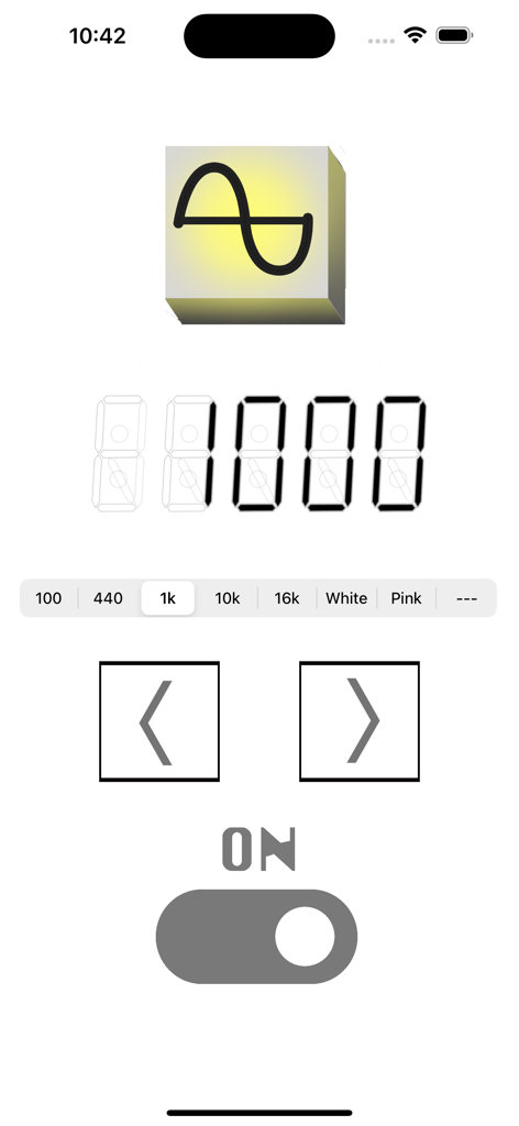 TestTone - Interface of the TestTone app showing a 1000 Hz sine wave frequency generator with preset buttons and an on toggle switch