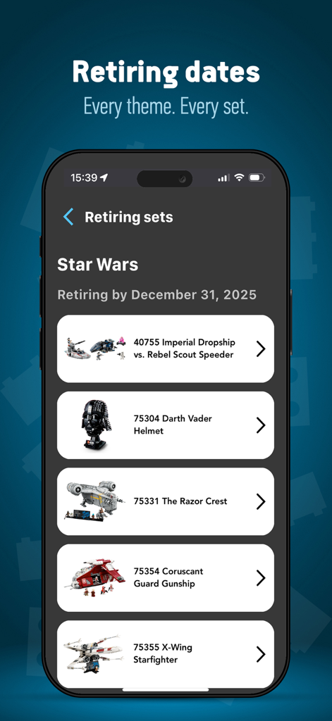 Brick Search: The LEGO set app - Brick Search app interface displaying a list of retiring LEGO Star Wars sets with dates