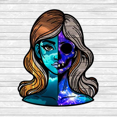 bust of a woman, half face and hair, half skull