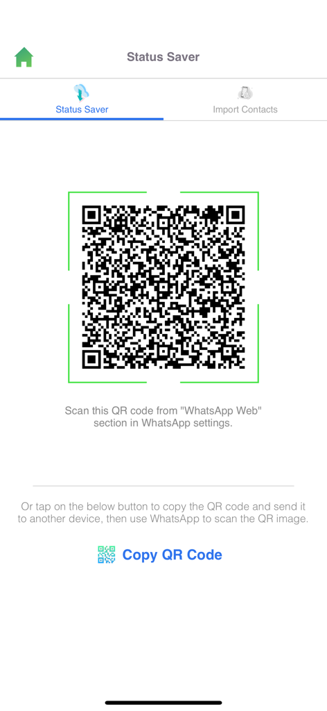Status Saver Video Photo Save - Screen displaying a QR code to link WhatsApp account with Status Saver app.