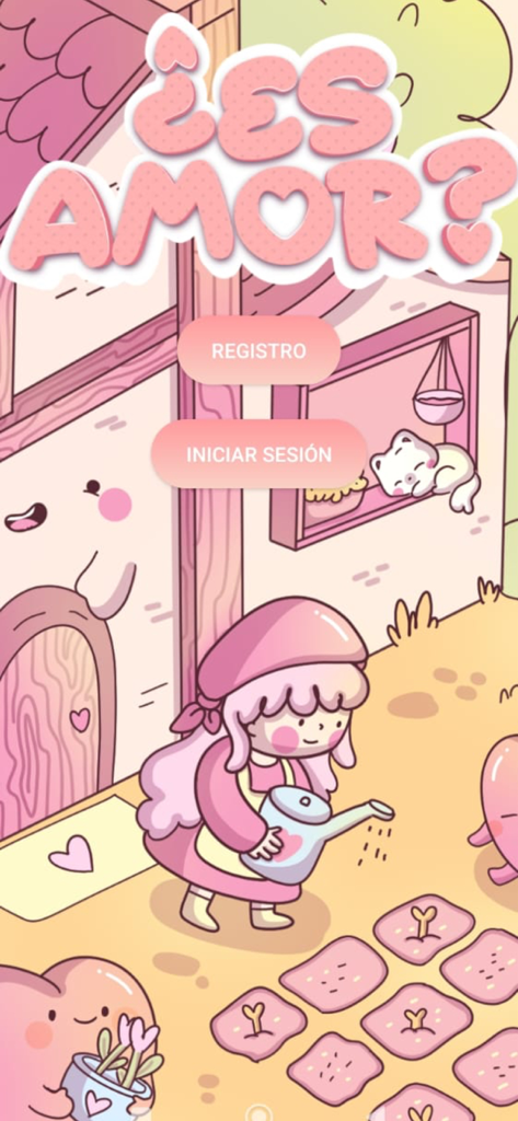 EsamorApp - Pantalla de bienvenida de EsamorApp que muestra el título ¿Es Amor en español con botones para registrarse e iniciar sesión sobre una ilustración de jardín caprichoso.